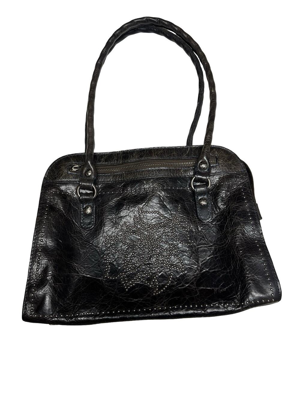 Patricia Nash Studded Distressed Calvi Satchel Genuine leather Dark Brown silver